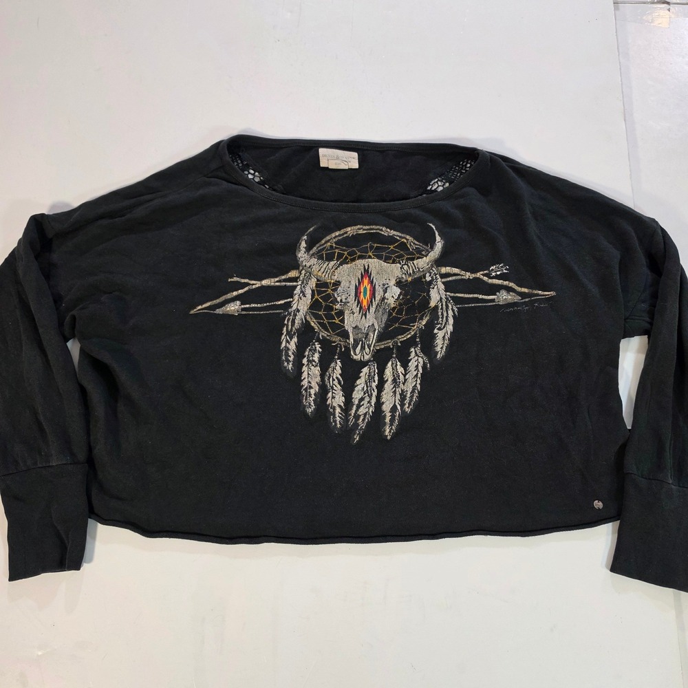 Denim & Supply Ralph Lauren Cropped Graphic Tee Black Lace Back Steer Skull M